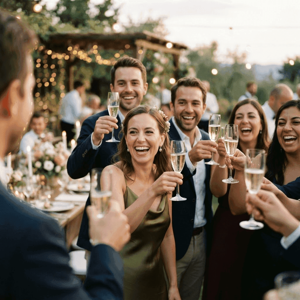 Gäste stoßen bei einer Hochzeit mit Sekt an